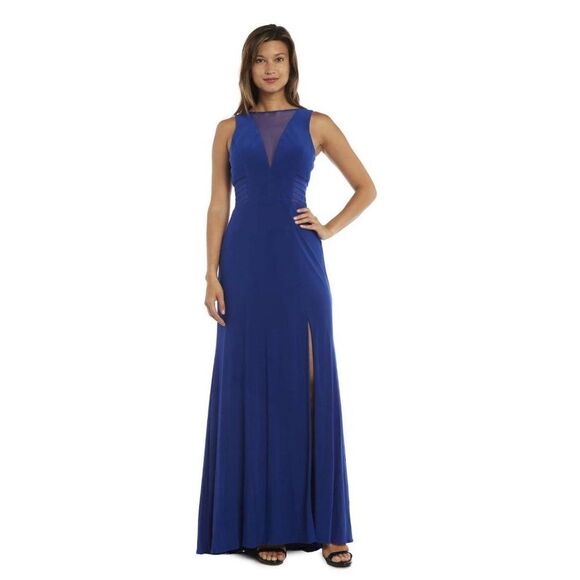Morgan & Co. Blue Maxi Plunging V neck, Side Mesh Cutouts A-Line Size 5 - Picture 2 of 16